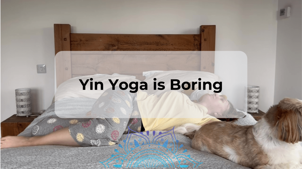 Yogi lying on bed practicing yin yoga pose beside a shih tzu puppy