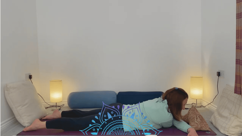 Closed wing pose left hand over right - deep shoulder stretch for yin yoga